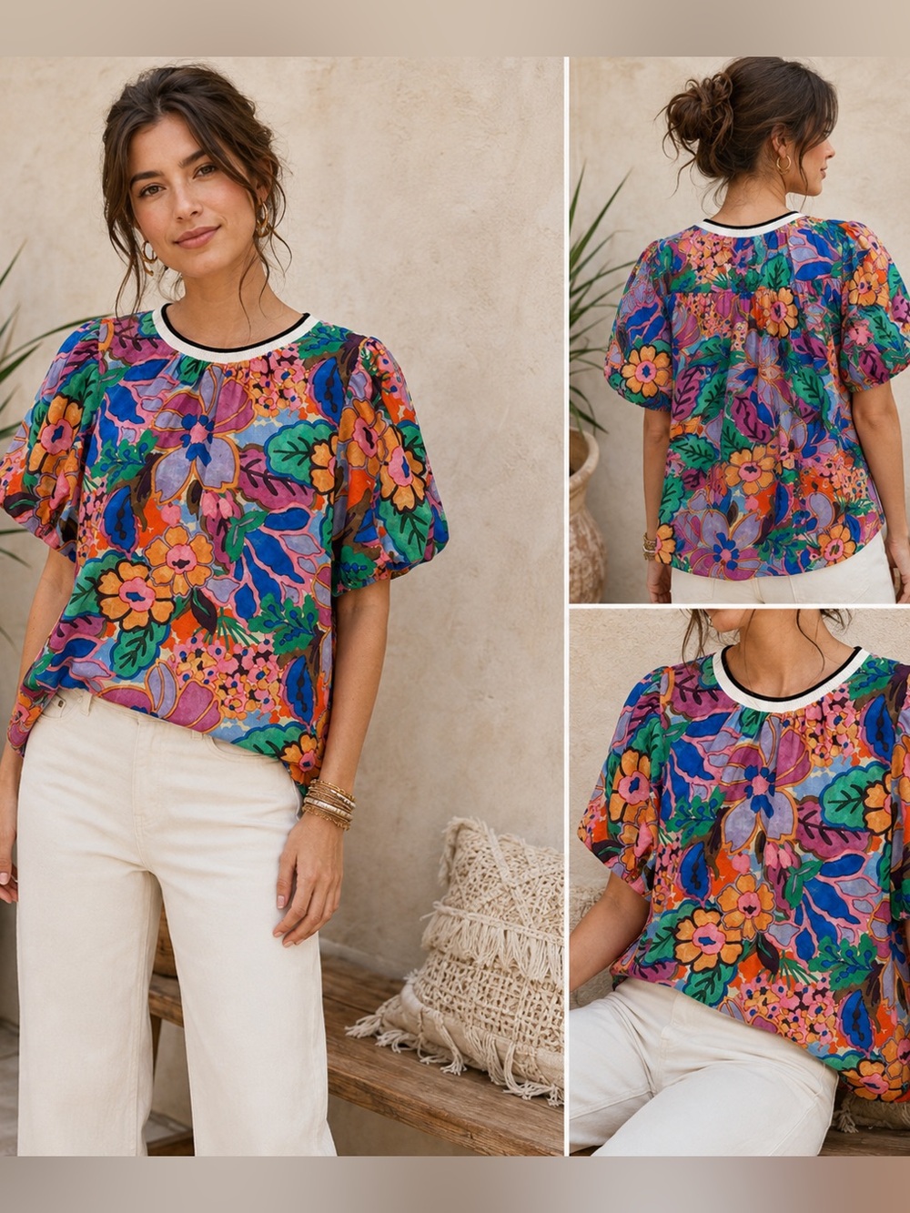 THML Dania Floral Puff Sleeve Polyester Weave Floral Print Blouse M